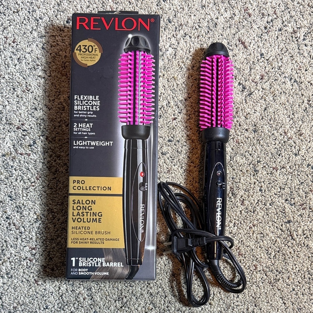 Revlon 1” Flexible Silicone Pink Bristle Barrel Heated Styling Brush Lightweight